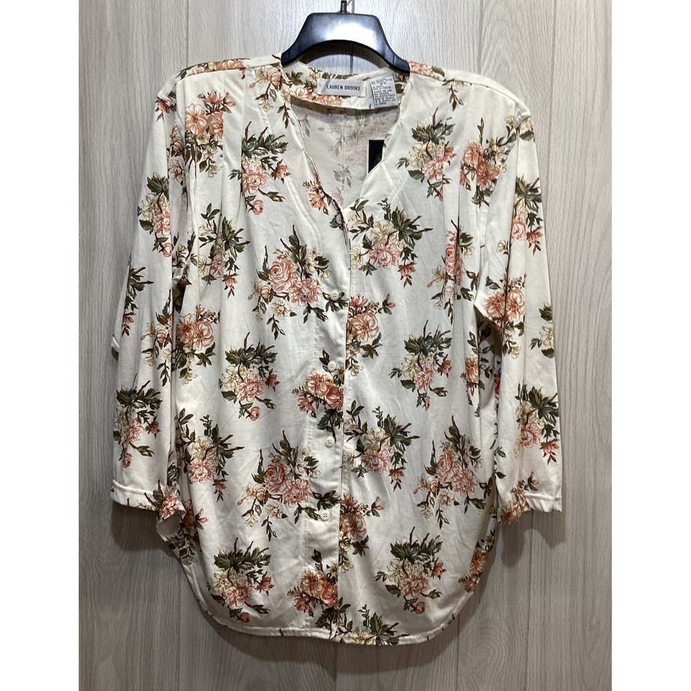 LAUREN BROOKE Women's (Size 18W) Long Sleeve Button Down V-Neck‎ Floral Shirt